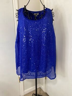 Cato Womens 18/20W Blue Sleeveless Layered Sheer Sequins Tunic Top